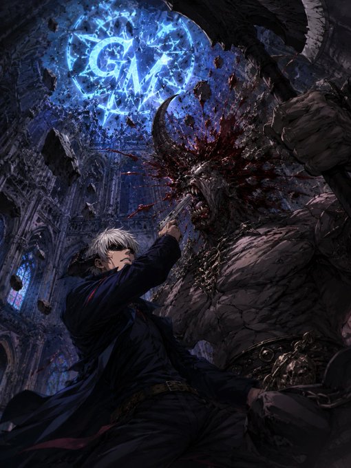 Anime-style illustration depicting a silver-haired character confronting a large horned demon in a gothic cathedral, with a glowing blue symbol overhead and blood splattering from the impact.
