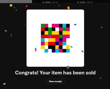A digital notification on a dark background displays a colorful pixelated square artwork with the text 'Congrats! Your item has been sold' and a 'View receipt' button.