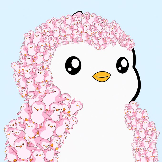 A cartoon illustration featuring a white chick/penguin character surrounded by a swarm of small pink birds against a light blue background.