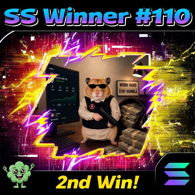 The image is a celebratory graphic for "SS Winner #110" (2nd Win), featuring a hamster dressed as a security guard holding cash next to stacks of money, with a "WORK HARD STAY HUMBLE" sign in the background. The post announces @Rexammy as the winner of a $50 SOL giveaway on day 110, requiring 2 wins to qualify.