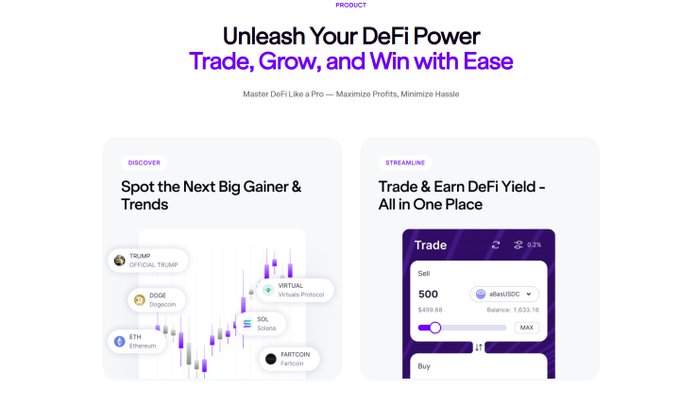 A product advertisement for a DeFi platform reading 'Unleash Your DeFi Power - Trade, Grow, and Win with Ease', featuring crypto tickers like TRUMP, DOGE, ETH, SOL, and FARTCOIN.