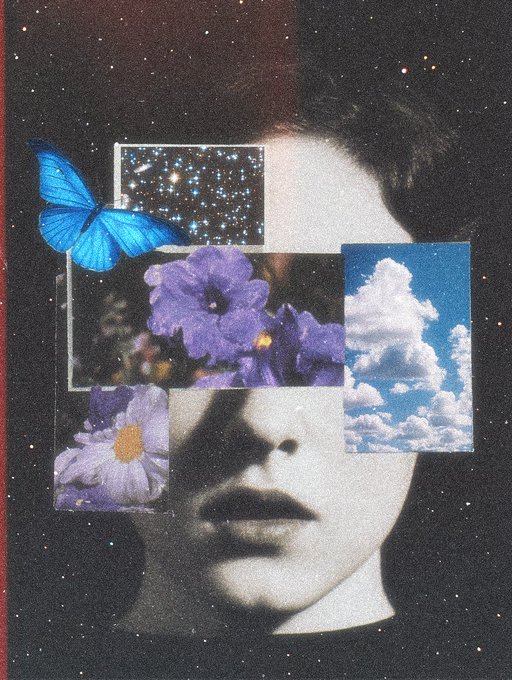 A collage-style artwork featuring a vintage black and white portrait of a woman overlaid with images of a blue butterfly, purple flowers, daisies, a starry night sky, and white clouds against a dark starry background.