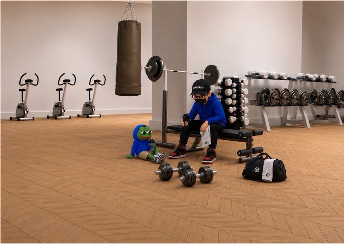 A person wearing a black "WEB3" cap and blue hoodie sits on a gym bench in a well-equipped training room, beside a smaller figure in a blue hoodie, with dumbbells, a punching bag, and a black "GQ" duffel bag nearby. The image's gym setting—showing dedication, repetition, and preparation—visually mirrors the post's theme of persistence and perseverance through challenges.