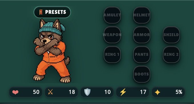 A character customization screen showing a pixel art dog in an orange prison jumpsuit and blue beanie, with equipment slots like 'AMULET', 'HELMET', and 'WEAPON', and stats showing 50 health, 18 strength, and others.