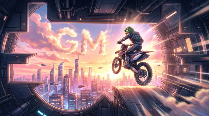 A digital illustration shows a motocross rider in a green helmet performing a jump out of a futuristic portal, soaring above a sci-fi cityscape at sunset with the word 'BUOY' spelled out in clouds.