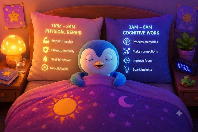 Illustration of a sleeping penguin character in bed, showing an infographic of sleep phases: '11PM – 3AM PHYSICAL REPAIR' (repair muscles, strengthen body, heal & recover, rebuild cells) and '3AM – 6AM COGNITIVE WORK' (process memories, make connections, improve focus, spark insights).
