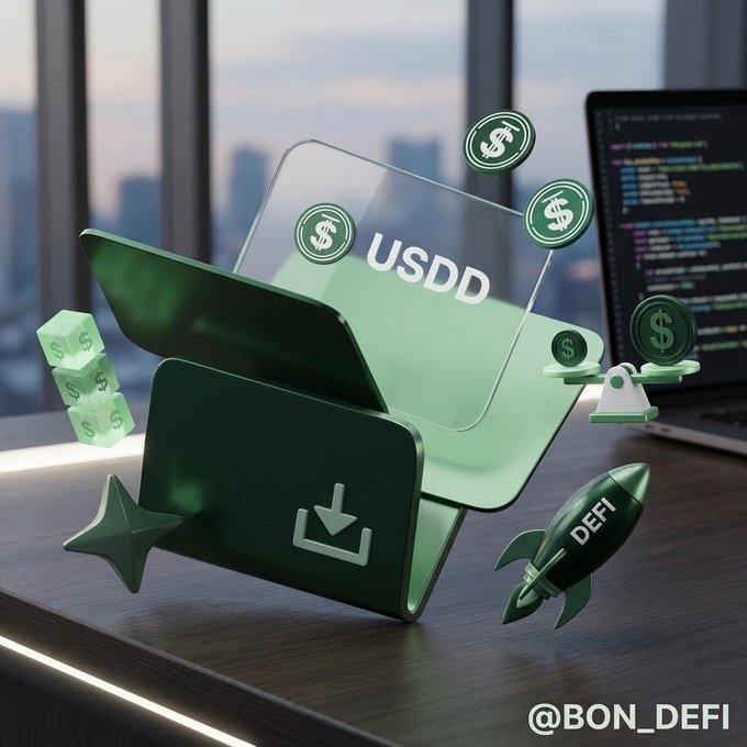 A 3D illustration featuring a green folder with a download icon, a translucent screen labeled 'USDD', dollar sign coins, a balance scale, and a rocket marked 'DEFI', with the watermark '@BON_DEFI'.