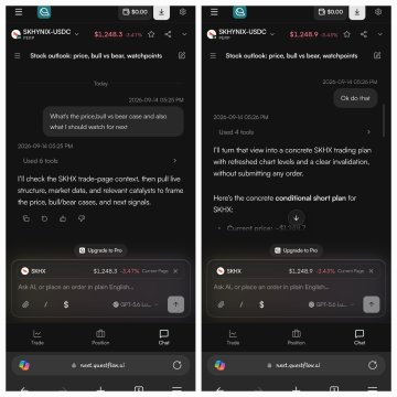 Two side-by-side screenshots of a chatbot interface named 'SKYNER-USDC' displaying trading conversations about SHIB (Shiba Inu), showing messages regarding price drops and trading plans.