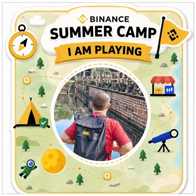 A promotional graphic for 'BINANCE SUMMER CAMP - I AM PLAYING' featuring a central photo of a person with a backpack facing a brick wall by water, surrounded by camping-themed illustrations.