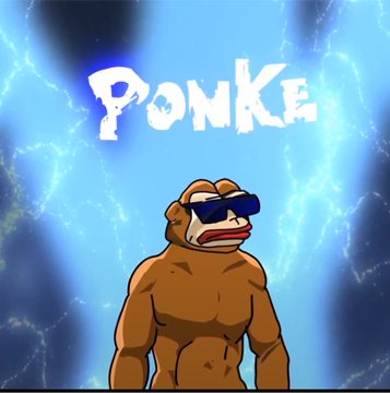 A muscular ape character wearing a VR headset with the text 'PONKE' displayed in a stylized font against a blue electrified background.