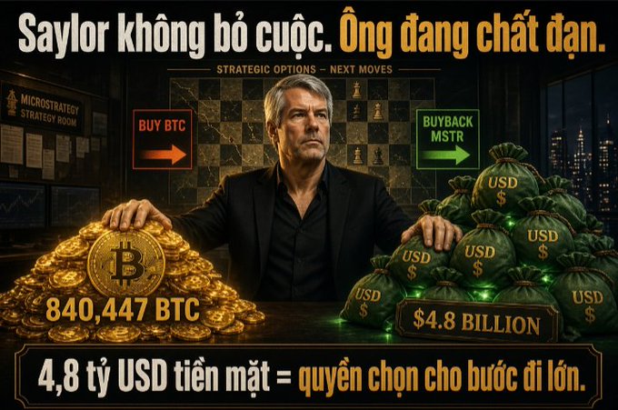 Vietnamese-language infographic about MicroStrategy's Saylor featuring '840,447 BTC' and '$4.8 BILLION' cash, with strategic options 'BUY BTC' and 'BUYBACK MSTR'.