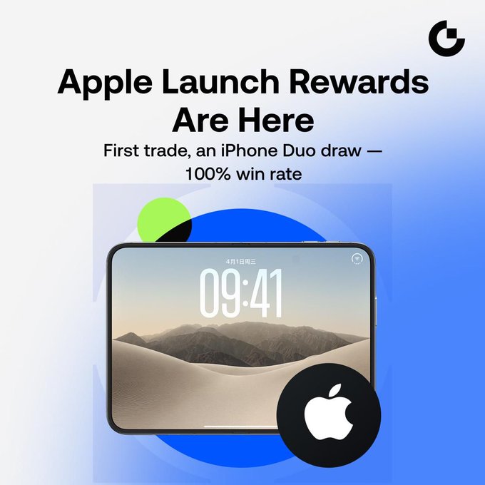 Promotional banner reading "Apple Launch Rewards Are Here — First trade, an iPhone Duo draw — 100% win rate," featuring an iPad Pro mockup with the 09:41 lock screen and an Apple logo badge, advertising a giveaway where traders who complete stock-trading tasks can win an iPhone 18 Pro Max, iPhone Duo, and Apple shares.
