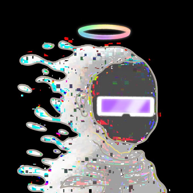A glitchy, abstract digital art piece depicting a distorted profile of a person wearing VR goggles with a rainbow halo above their head, featuring heavy pixel sorting and color artifacts.