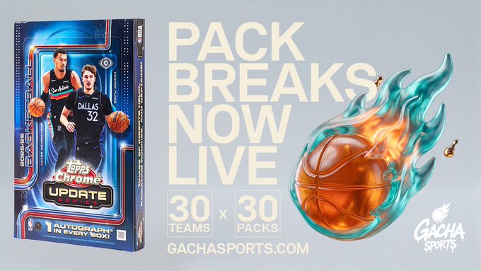 This image is a promotional graphic for a Gacha Sports live stream event featuring Topps Chrome UPDRATE basketball trading cards, advertising a "Pack Breaks Now Live" session with 30 teams and 30 packs at gachasports.com—perfectly matching the post's teaser for a "big stream incoming."