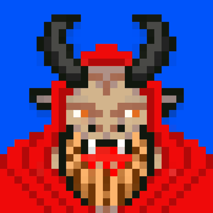 Pixel art portrait of a horned demonic figure with glowing orange eyes, wearing a red hooded robe against a blue background.