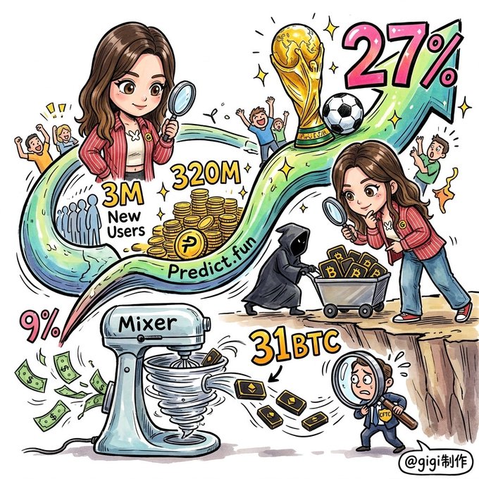 A colorful cartoon-style infographic about Predict.fun showing 3M New Users, 320M, 27%, 9%, 31BTC, and a 'Mixer,' featuring chibi characters, a World Cup trophy, gold coins, and a hooded figure pushing a cart of Bitcoin.