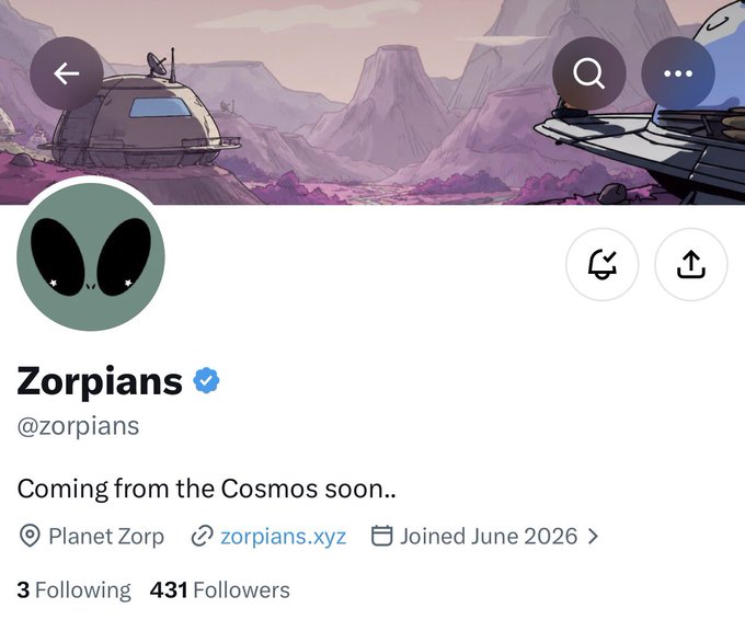 The image shows a Twitter/X profile for "Zorpians" (@zorpians), a verified account with an alien logo, featuring the bio "Coming from the Cosmos soon.." and 431 followers, joined June 2026. The banner displays a futuristic space scene with a UFO and spaceship, fitting the post's teaser about the project's founder and upcoming whitelist raffle.