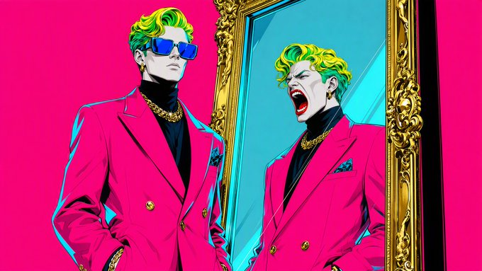 A pop-art style illustration of a man with green hair wearing a pink suit, standing before an ornate gold mirror that reflects him laughing.