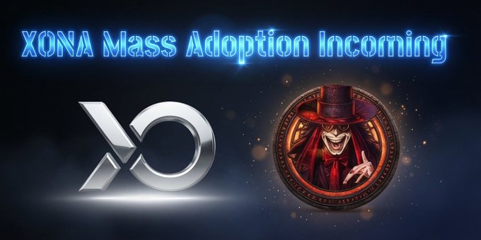 A banner reads "XONA Mass Adoption Incoming" above the silver XONA logo and a grinning top-hat character holding a coin, visually reinforcing the post's message about $XONA's developer @ibamaulanaX driving mass adoption in Q3.