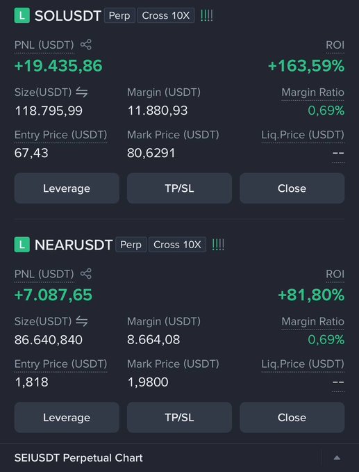 A cryptocurrency trading interface shows two profitable perpetual positions: SOLUSDT with +163.59% ROI (+19,435.86 PNL) and NEARUSDT with +81.80% ROI (+7,087.65 PNL), both using 10X cross leverage.