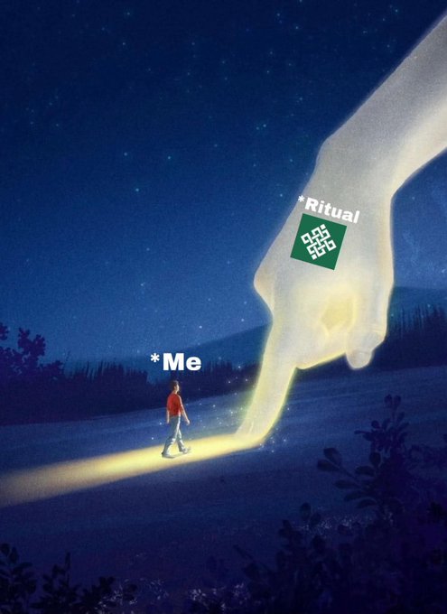 An artistic illustration depicting a small person labeled '*Me' being guided by a giant glowing finger labeled '*Ritual' featuring a QR code.