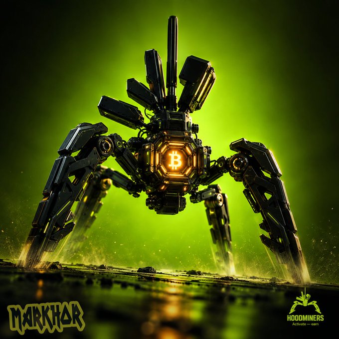 A mechanical spider-like robot with a glowing Bitcoin logo on its chest stands against a vivid green background, featuring "MARKHOR" text in the bottom left and the "HOODMINERS" logo with "Activate — earn" tagline in the bottom right. The imagery ties directly to the Hoodminers NFT project, visually representing the concept of an autonomous NFT "miner" actively catching Bitcoin rewards.