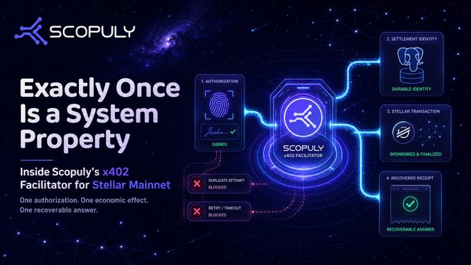 A Scopoly promotional graphic titled "Exactly Once Is a System Property" showcasing the x402 Facilitator for Stellar Mainnet, with a flow diagram showing authorization, settlement identity, Stellar transaction, and recovered receipt.