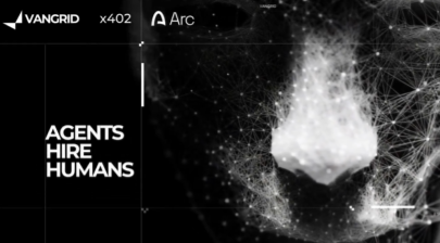 A black promotional graphic features the Vangrid and Arc logos with the text 'AGENTS HIRE HUMANS' alongside an abstract white geometric design.