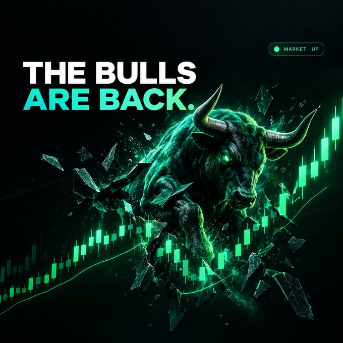 A promotional graphic displays 'THE BULLS ARE BACK.' in white and teal text alongside a charging green bull and rising candlestick chart, with a 'MARKET UP' indicator.