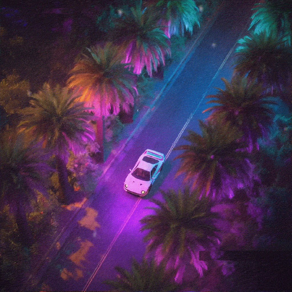 The image shows a car driving down an empty road surrounded by palm trees, with the sky above them being purple and blue. The photo appears to be taken from an aerial perspective, giving a unique view of the scene below. There is no text present in the image, but there is a caption that reads "VAPORDREAM_II !!! #PROOFofPALM". This caption might be related to the content or context of the photo, but it does not provide any additional information about the car driving down the road.
