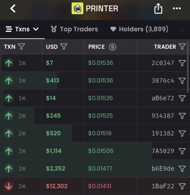 A cryptocurrency transaction tracker screen for 'PRINTER' token showing recent trades with amounts ranging from $7 to $12,302 USD and prices around $0.015.