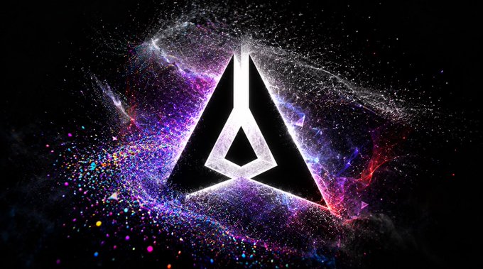 A triangular metallic logo surrounded by purple and pink particle effects against a dark background.