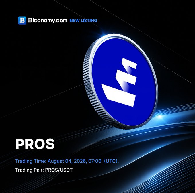 A promotional graphic announcing the new listing of the PROS token on Biconomy.com, with a trading time of August 04, 2026, and a PROS/USDT trading pair.