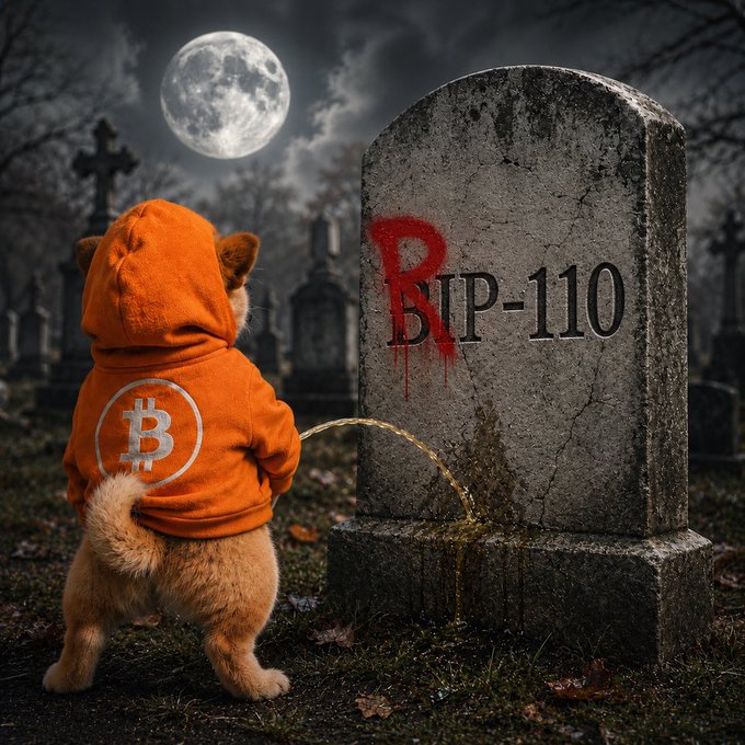 An AI-generated cat wearing an orange Bitcoin hoodie appears to urinate on a tombstone marked 'RIP-110' under a full moon in a graveyard.