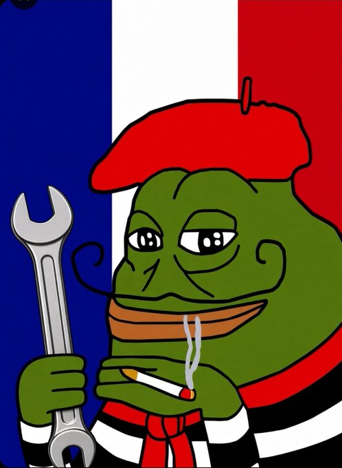 A cartoon Pepe the Frog dressed as a stereotypical Frenchman with a beret, striped shirt, and cigarette, holding a wrench against a French flag background. The image symbolizes the misguided "crypto wrench attacks" targeting people wrongly assumed to be cryptocurrency holders due to leaked address data.