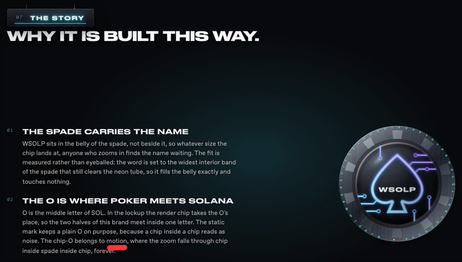 An infographic titled 'WHY IT IS BUILT THIS WAY' for WSOLP, explaining the design elements of a spade logo with the text 'THE SPADE CARRIES THE NAME' and 'THE O IS WHERE POKER MEETS SOLANA'.