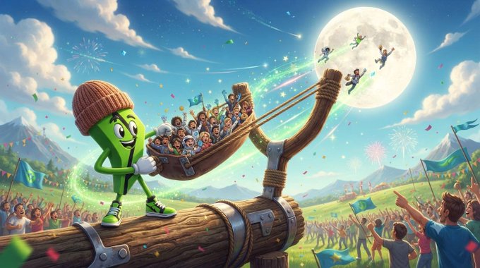 A cheerful green pickle mascot in a beanie swings a giant slingshot launching a crowd of excited people toward the moon, with fireworks and fans cheering below—visually capturing the rocket-like "GM" (good morning) energy with a letter "P" on its chest, likely symbolizing a crypto project.