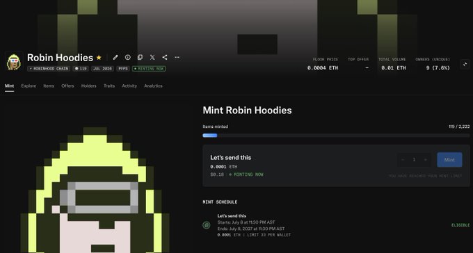 The image shows an NFT minting page for "Robin Hoodies" collection #115, featuring a pixel-art character in a green hoodie and goggles, with a mintage progress bar at 119/2,222 and a mint price of 0.0081 ETH. The caption notes that the supply has been reduced to 2,222, matching the lower total shown on the mint counter, illustrating the project's recent supply adjustment.