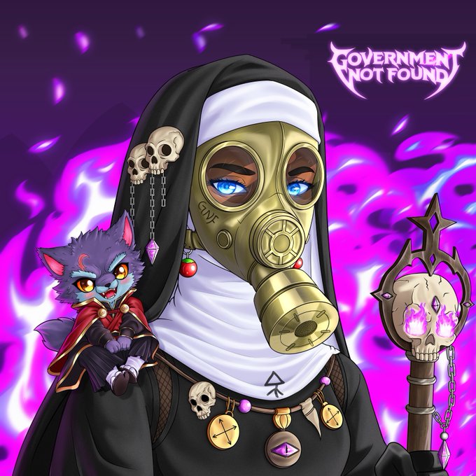 A gas-mask-wearing nun-like figure with a small bat creature on her shoulder holds a skull-topped staff against a purple flame background, with "GOVERNMENT NOT FOUND" text in the top right corner, fitting the mysterious NFT aesthetic of the post.