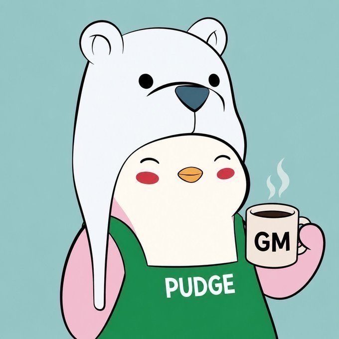 A cartoon illustration features a bird character in a green 'PUDGE' shirt holding a steaming mug labeled 'GM', with a bear face on its body.