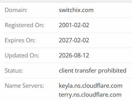 The image shows the WHOIS record for switchix.com, displaying key domain registration details: registered on 2001-02-02, expiring on 2027-02-02, with a "client transfer prohibited" status and Cloudflare name servers. The recently updated date (2026-08-12) corroborates the post's claim that the domain just changed hands in an $850 sale via NameSilo.