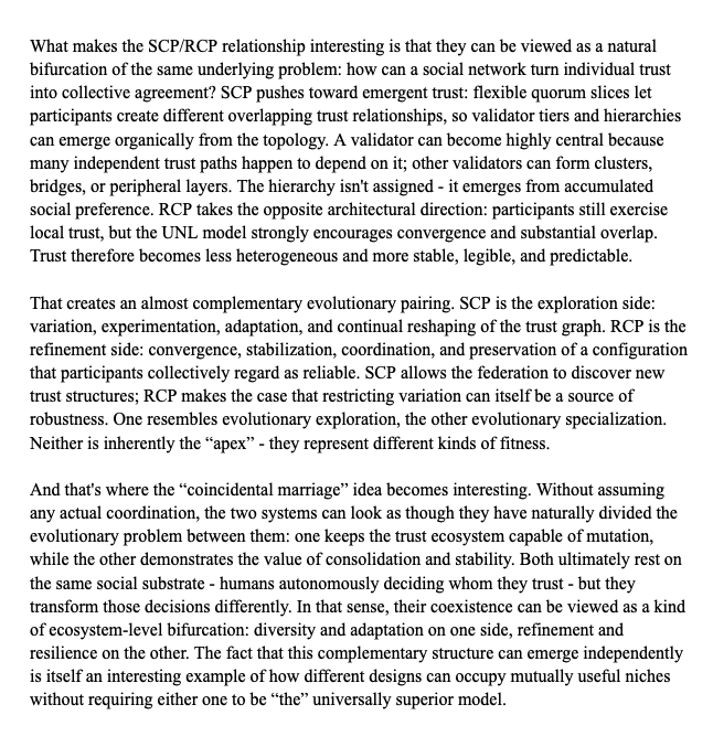 An academic text excerpt discussing the evolutionary pairing of SCP (emergent trust) and RCP (architectural trust) models, comparing them as exploration versus refinement strategies in social network trust formation.