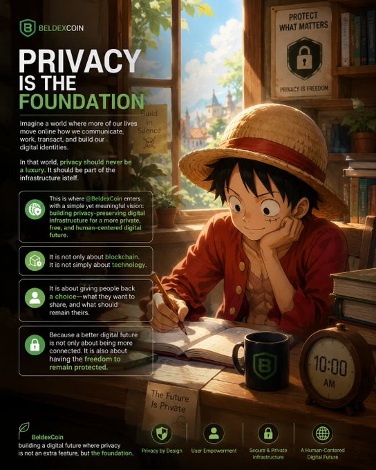 A promotional graphic for BeldexCoin stating "PRIVACY IS THE FOUNDATION" alongside an anime-style character writing in a journal, with details about building a privacy-preserving digital infrastructure.