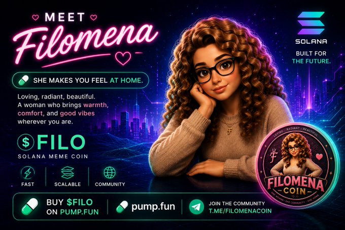 Promotional graphic for "Filomena" ("$FILO"), a Solana meme coin, featuring an illustration of a curly-haired woman with glasses and text describing her as "loving, radiant, beautiful." It promotes buying the token on pump.fun via the link t.me/FILOMENACOIN.