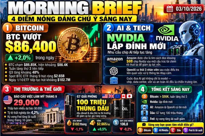A Vietnamese 'MORNING BRIEF' financial news graphic dated 03/10/2026 covering Bitcoin crossing $86,400, NVIDIA hitting a new high, US bao cao việc làm tháng 9 at 29,000, and G7 oil price manipulation.