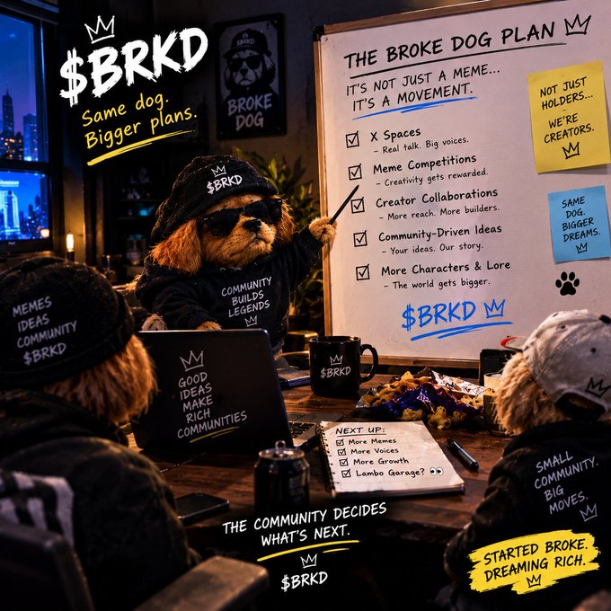 An AI-generated promotional image for the meme coin $BRKD, featuring a dog wearing sunglasses and a $BRKD beanie presenting a 'Broke Dog Plan' on a whiteboard, with slogans like 'Same dog. Bigger plans.' and 'Started broke. Dreaming rich.'