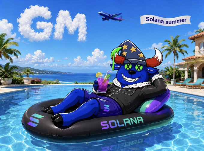 A blue cartoon mascot with stars on its hat lounges on a Solana-branded pool float in a pool, holding a drink, with a 'Solana summer' banner and 'GM' text made of clouds in the sky.