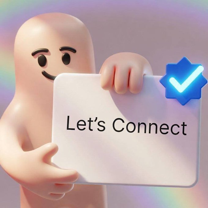 A 3D-rendered beige character holds a sign reading 'Let's Connect' with a glowing blue checkmark badge in the corner.