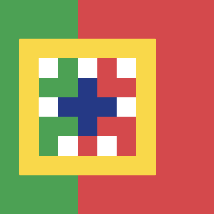 A pixel-art style image with a green and red split background, featuring a yellow-bordered square containing a checkerboard pattern in green, red, white, and blue.