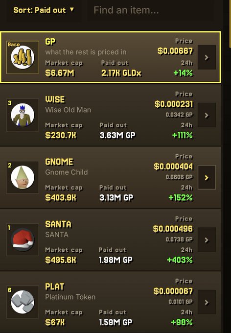 A screenshot of a digital marketplace listing items like "GP" at $0.00667, "WISE" at $0.000231, "GNOME" at $0.000404, and "SANTA" at $0.000496, all showing positive 24-hour percentage gains.